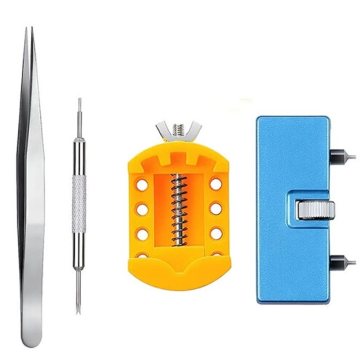 Set scule reparat ceas, deschizator capac, suport, penseta, 4 piese, negru