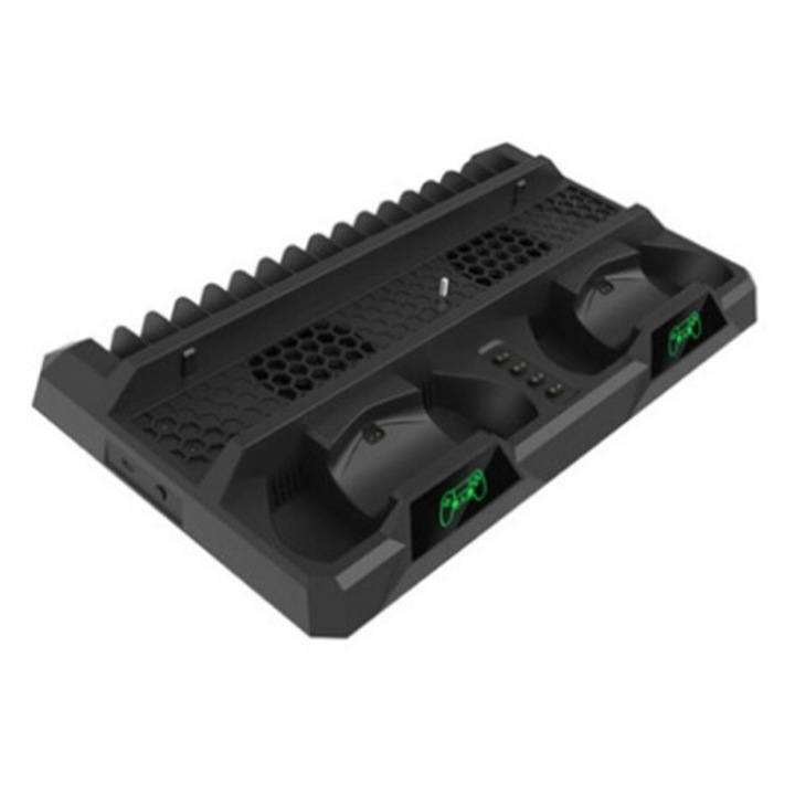Függőleges hűtőállvány ventilátorral és kontroller töltővel PS4 Slim Pro konzolhoz, tároló tálcával, fekete