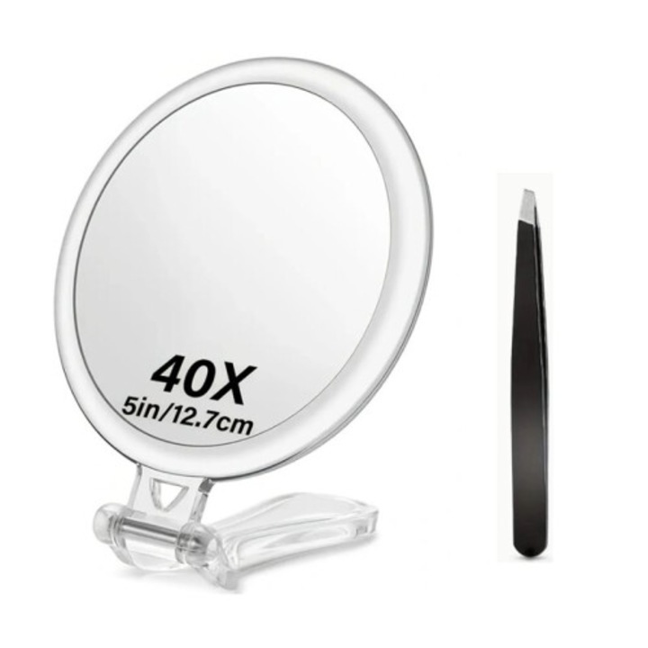 Oglinda cosmetica pliabila duala 40X portabila cu maner