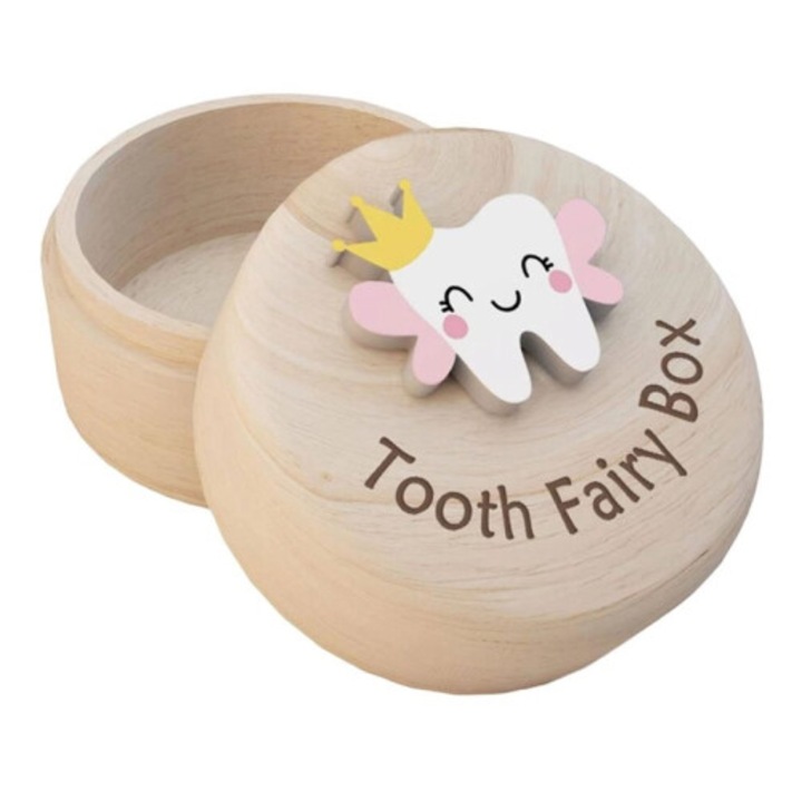 Cutie lemn pentru dinti de lapte, model 3D colorat, 5x5x3.5cm