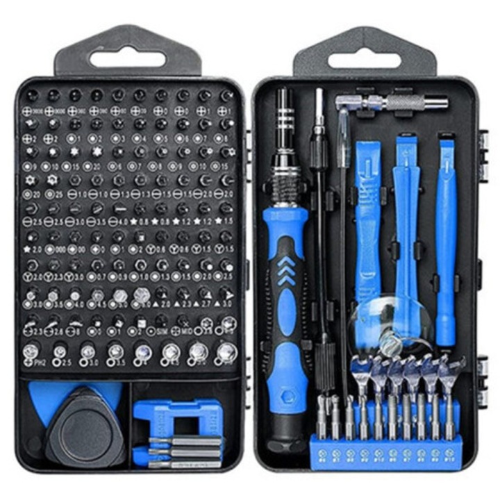 Set surubelnite profesional 138 piese, otel crom-vanadiu, maner ergonomic, multicolor, compact