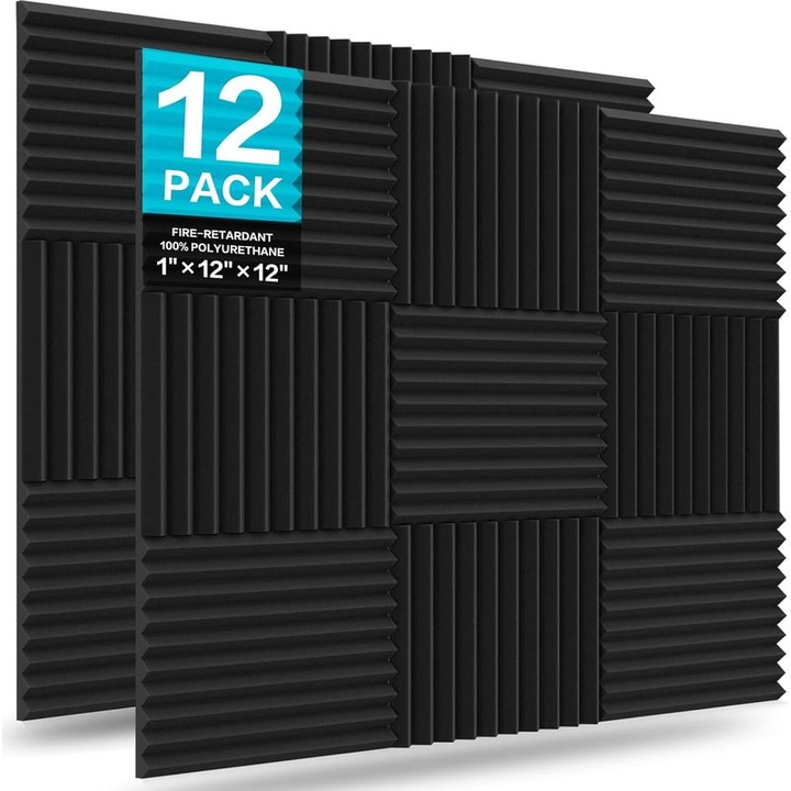 Set 12 panouri acustice spuma, 30x30x2.5cm, negre, ignifuge