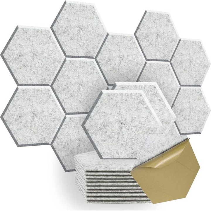 Set 12 panouri acustice hexagonale autoadezive, gri, 30x25cm