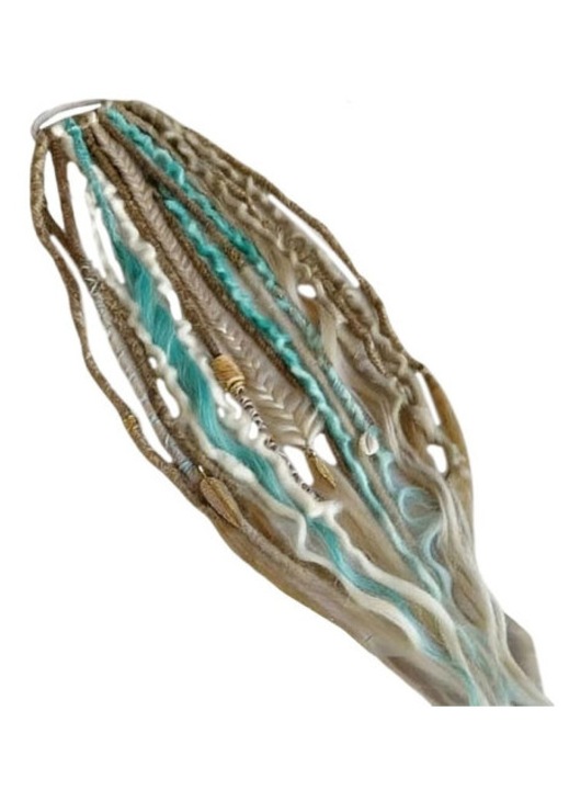 Coada de cal dreadlock boho impletita manual cu margele si talismane, natural, elastic, 40cm