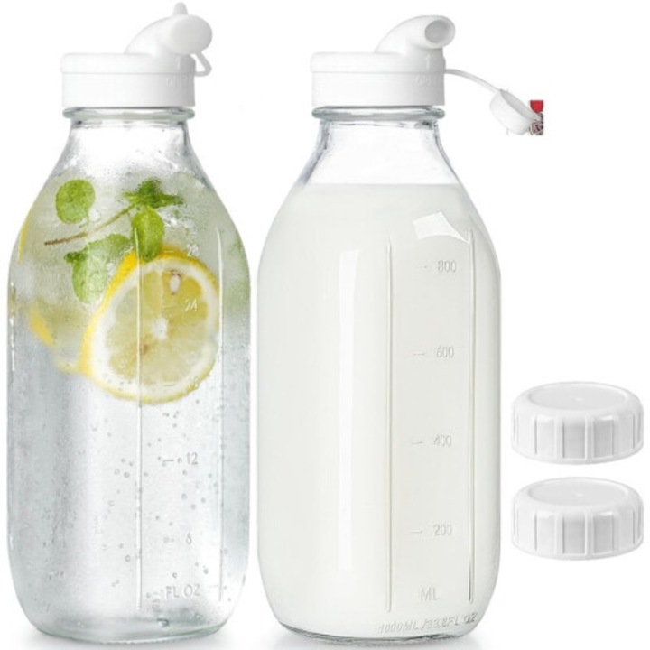 2 db üveg tejesüveg készlet 940ml légmentesen záródó kupakkal és átlátszó adagolóval