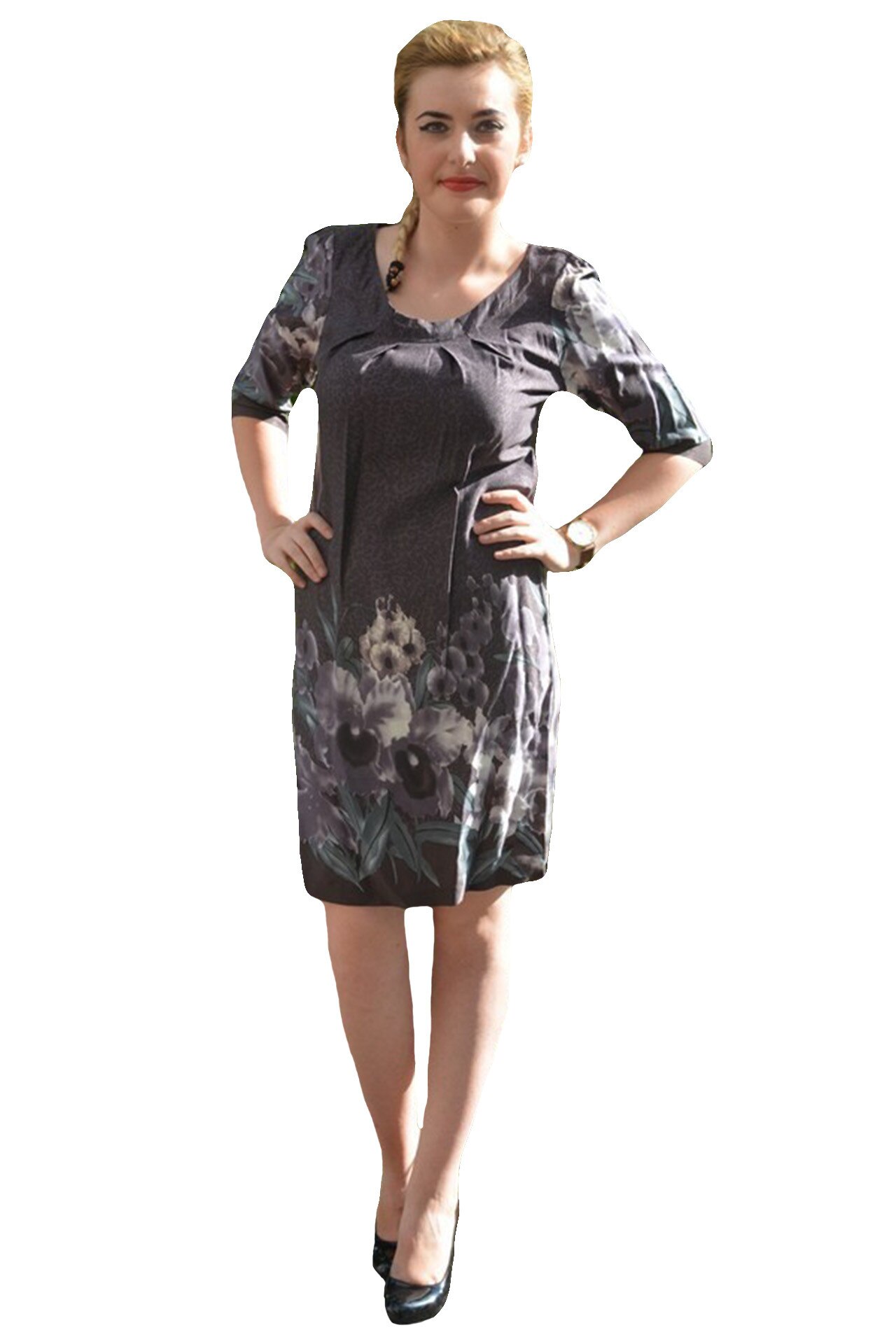 Rochie cu imprimeu floral,maneci trei-sferturi,D&J Exclusive, Gri