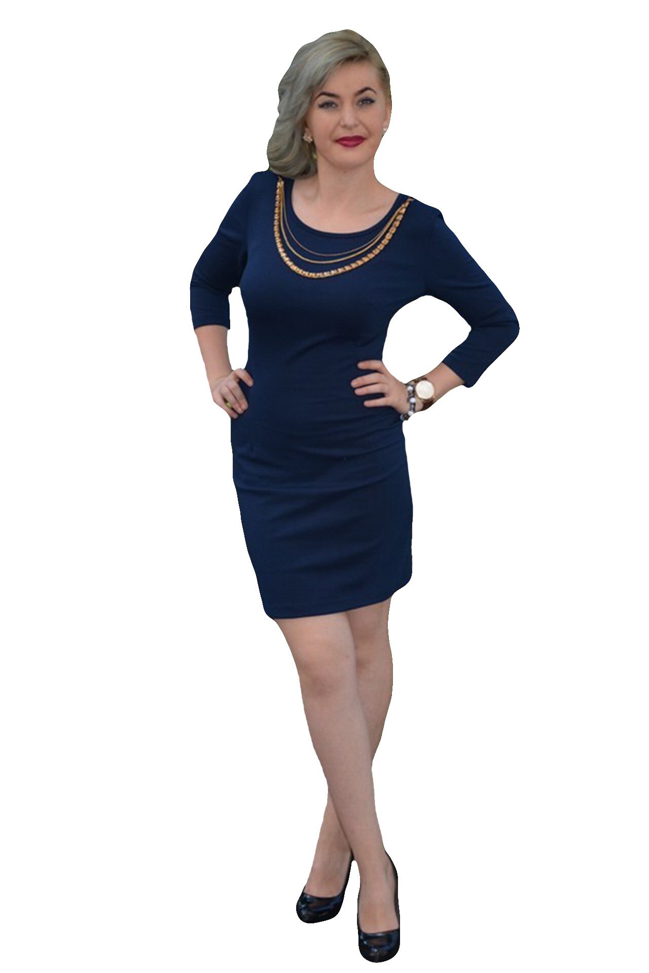 Rochie feminina, maneci trei-sferturi, de toamna,D&J Exclusive, Albastru marin