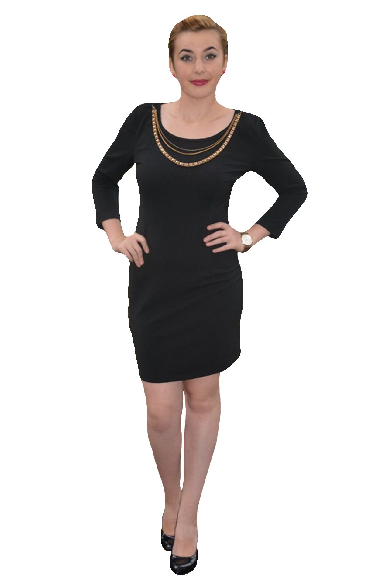 Rochie feminina, maneci trei-sferturi, de toamna,D&J Exclusive, Negru