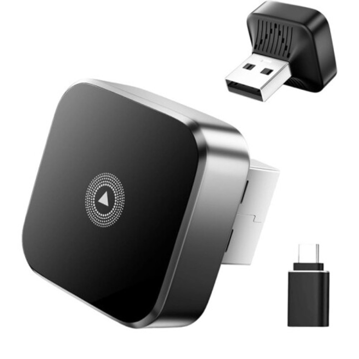 Adaptor wireless CarPlay Android Auto, mini, metalic, negru