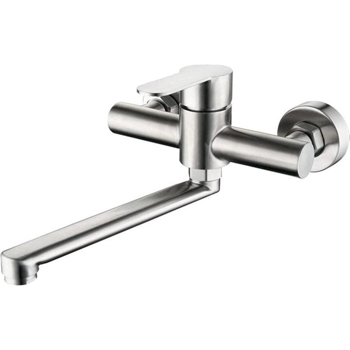 Fali konyhai csaptelep, exkluzív design, egykaros, szálcsiszolt rozsdamentes acél, 225mm, falba süllyesztett szerelés