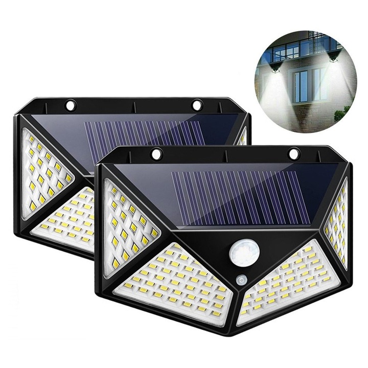 Комплект 2 соларни лампи със сензор за движение, 100 LED, черни, 15x10x6.5см