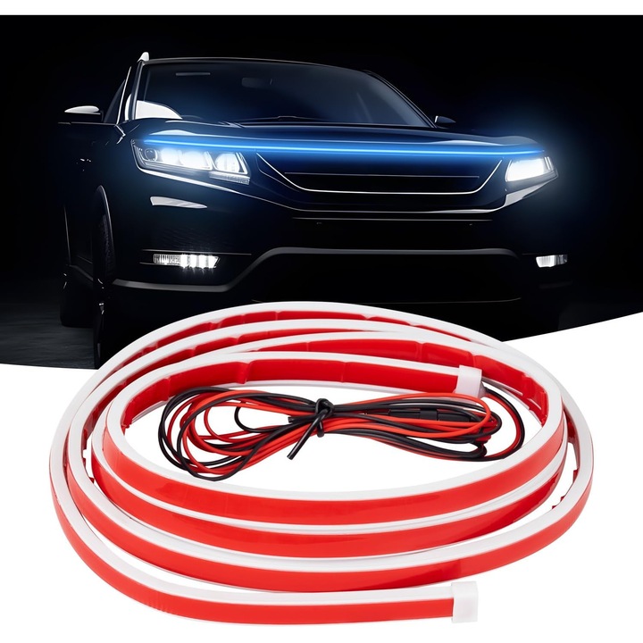 LED fényszalag autó motorháztetőhöz, 1,8 M, autó külső dekoráció, rugalmas és vízálló nappali menetfény autókhoz, SUV-okhoz, teherautókhoz (kék fény)
