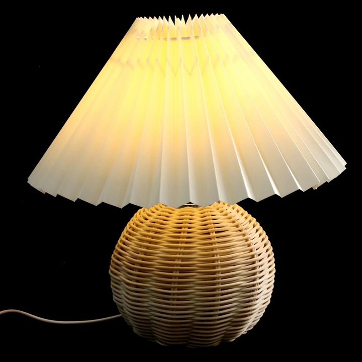 Lampa de masa ZYBLSSBB LSM2xh3328-BCS0058739, LED 3W, USB 5V, abajur plisat din in, baza impletita din rachita, lumina calda, galben, 30x15x15 cm