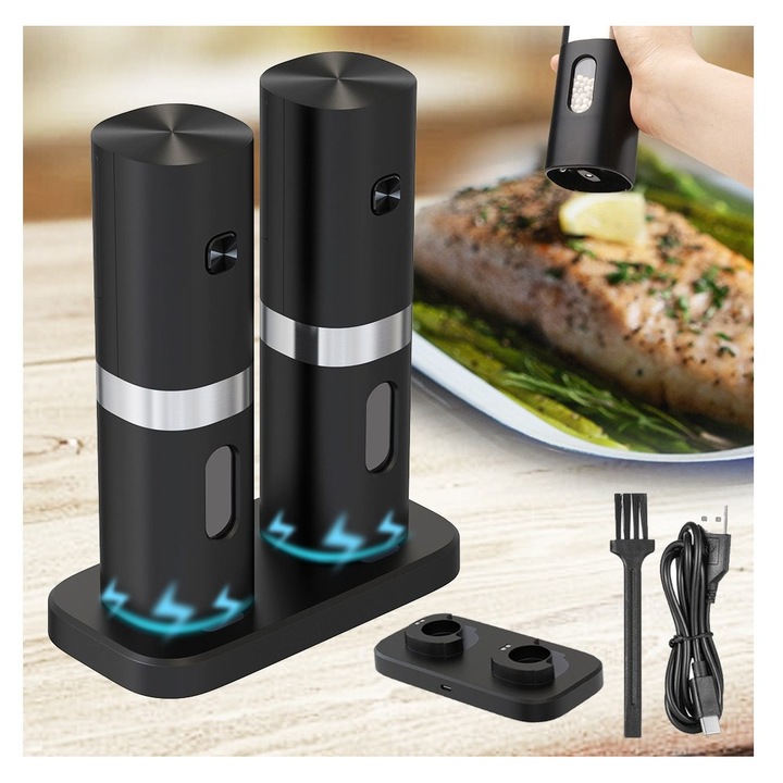 Set rasnite electrice sare si piper, 2 buc, negru, inox, 19.4x15.6x8 cm