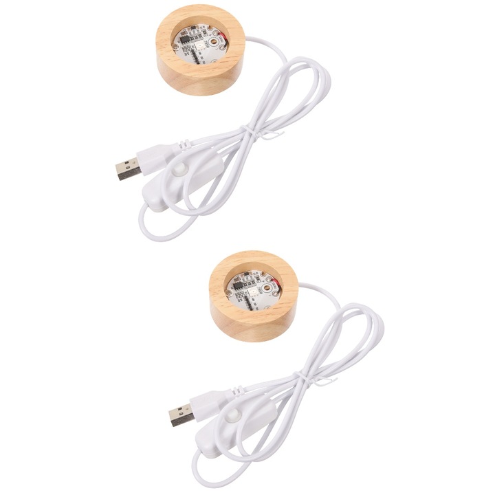 Baza LED din lemn ZYBLSSBB LSM2xh3145-BCS0058056, pentru glob de cristal, USB cu intrerupator, lumina calda, lemn natural/alb, set 2 buc, 4.8x4.8x2 cm