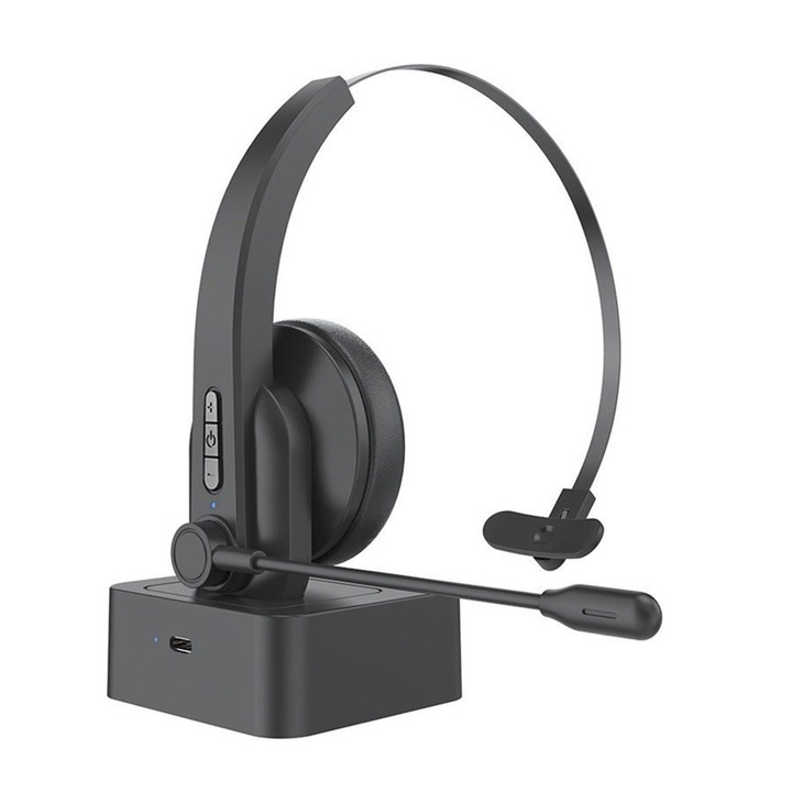 Vezeték nélküli Bluetooth 5.0 fejhallgató mikrofonnal, zajszűréssel, fekete, töltőalappal