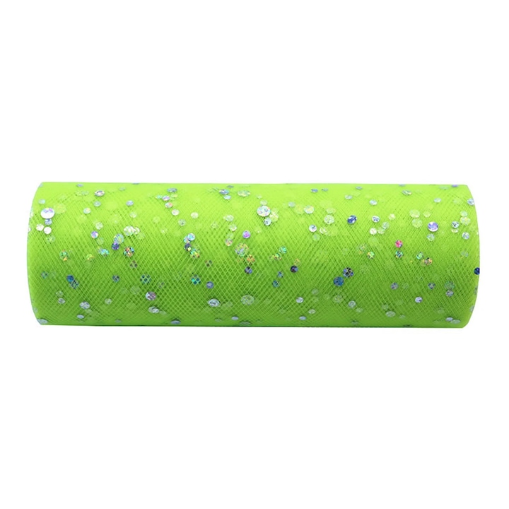 Material tul cu sclipici, 15x900cm, verde transparent