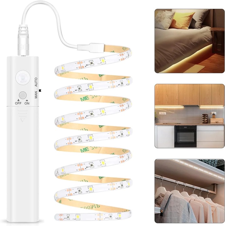Banda LED cu senzor miscare, lumina calda, 1/2/3m, rezistenta la apa IP65, alimentare baterii, telecomanda