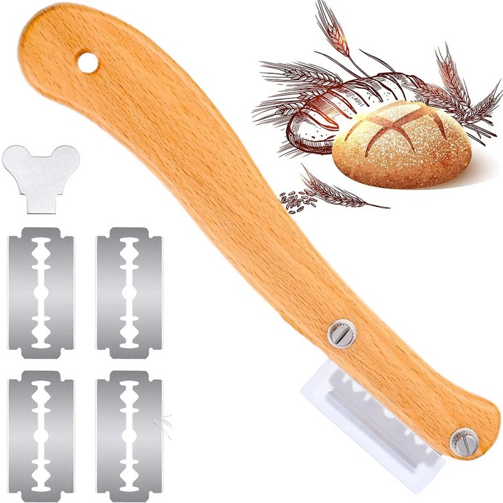 Instrument pentru taiat paine, maner lemn, 5 lame inlocuibile, inox, 19x4.5cm