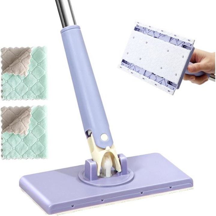 Mop automat cu prindere pentru lavete, 360 rotatie, maner 70cm, set 2 lavete, multicolor