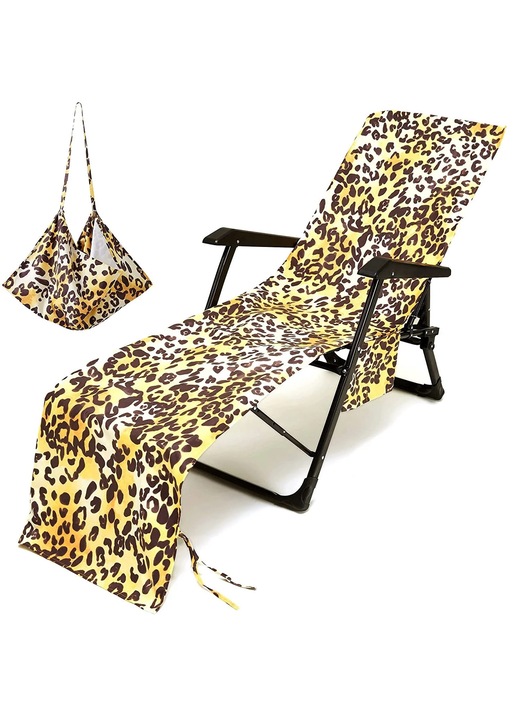 Husa pentru sezlong plaja cu buzunar lateral si curele leopard microfiber 180x60cm