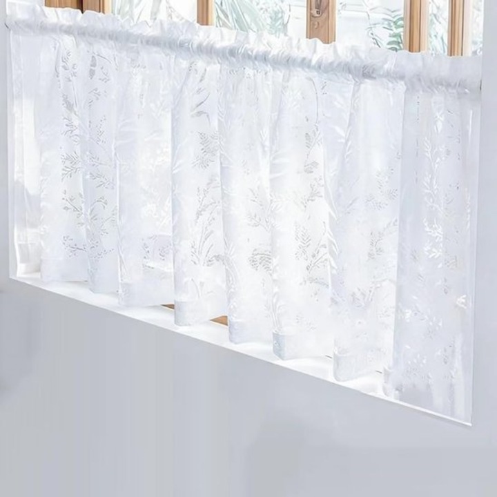 Rövid függöny, pamut és len, virágmintás, fehér, 100x45cm