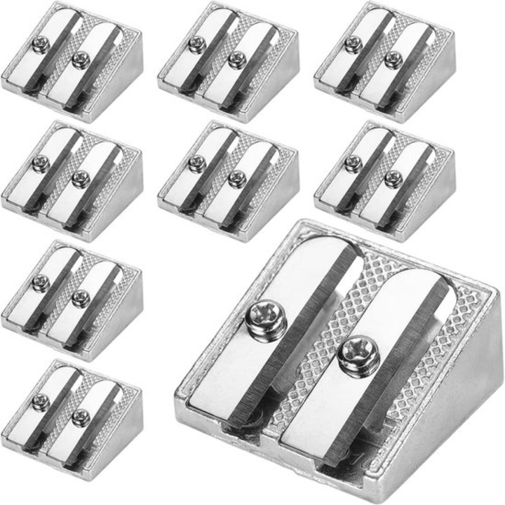 8 darabos fém hegyező készlet, kétlyukú, standard és jumbo ceruzákhoz, ezüst, 2.4x2.3cm