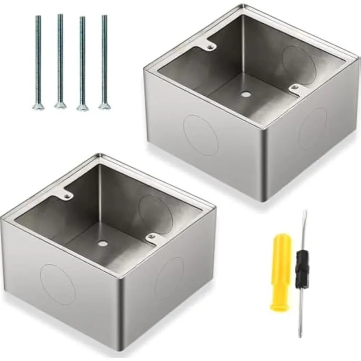 Cutie incastrabila pentru intrerupator, otel inoxidabil, 86x86x50mm, set 2 bucati