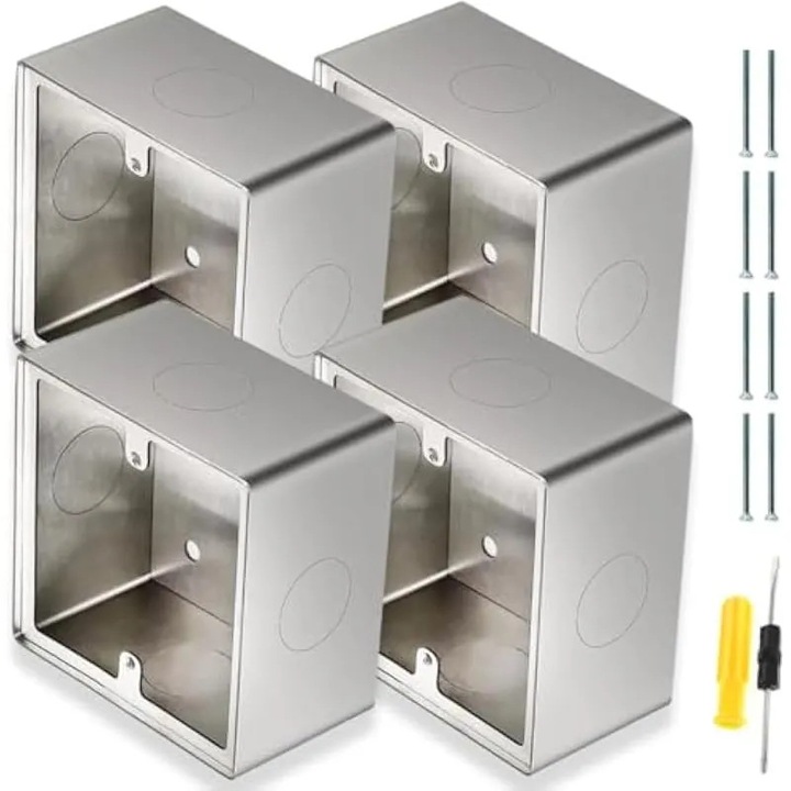 Cutie incastrata din otel inoxidabil K0538-C260803-2075-AMZ, pentru intrerupator/conector retea, 86 x 86 x 40 mm, argintiu, set 4 buc