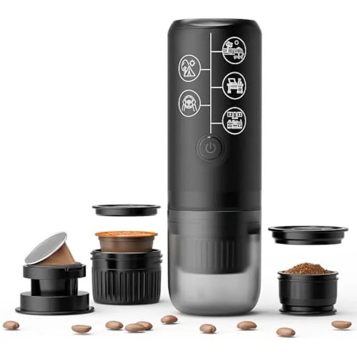 Espressor portabil K0538-C260803-2152-AMZ, 3‑in‑1 (compatibil Nespresso/Dolce Gusto si cafea macinata), fara functie de incalzire, USB-C reincarcabil, presiune 17 bar, Negru