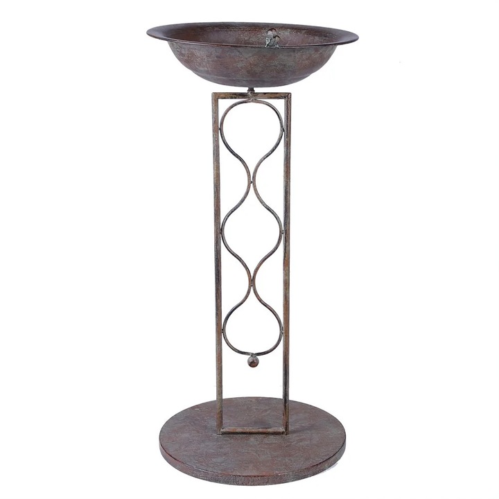 Bazin hranitor pentru pasari ZYBLSSBB LSM2xh1838-BCS0037956, din fonta, cu piedestal in stil vintage, verde inchis, diametru bazin 38 cm