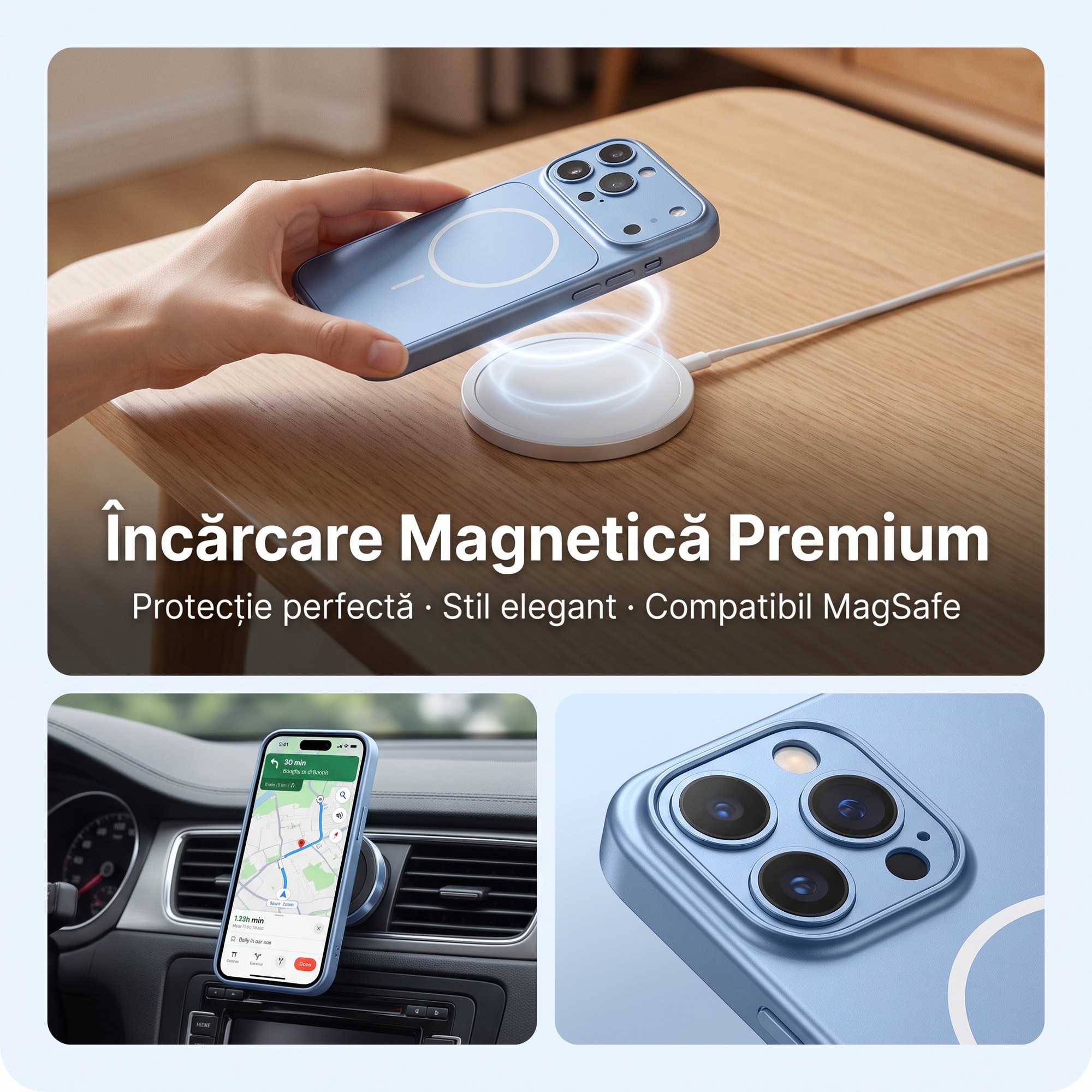 Husa telefon ultra-subtire magnetica mata, protectie lentila sticla Corning, pentru iPhone 16 Pro Max