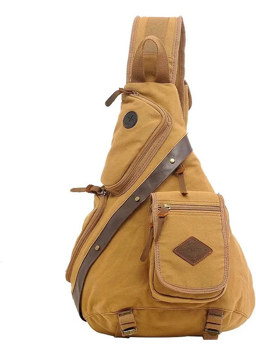 Retro vászon hátizsák, khaki, 35x14.5x50cm, strapabíró és kényelmes