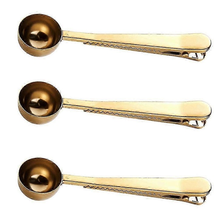 Set 3 linguri cafea inox cu clema aurii 16x4x2cm