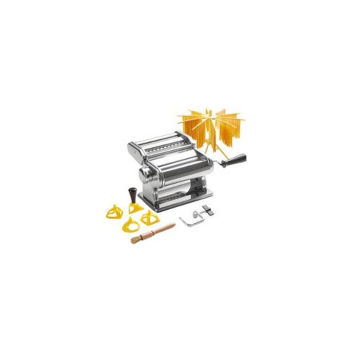 Masina manuala pentru paste, 9 grosimi, 2 taieturi, inox, uscator, 4 forme ravioli