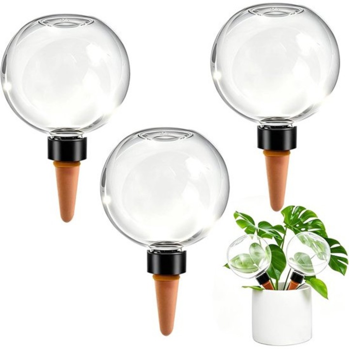 Set 3 sfere auto-udare 500ml, con ceramic, transparent, pentru plante de interior