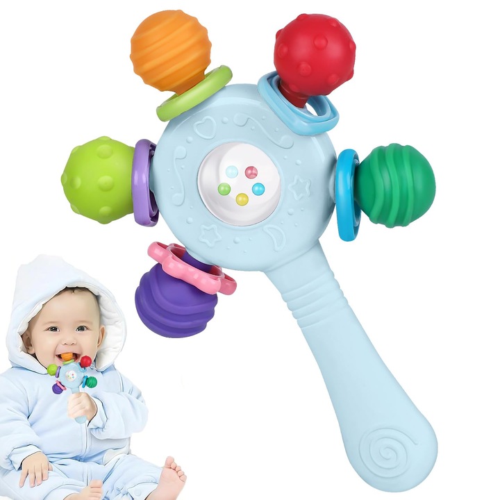 Играчка за зъби и дрънкалка E43-34-A054-TD006-e-0368, от хранителен материал без BPA, с пръстени за хващане и звукови топчета, Многоцветна, 1 бр.
