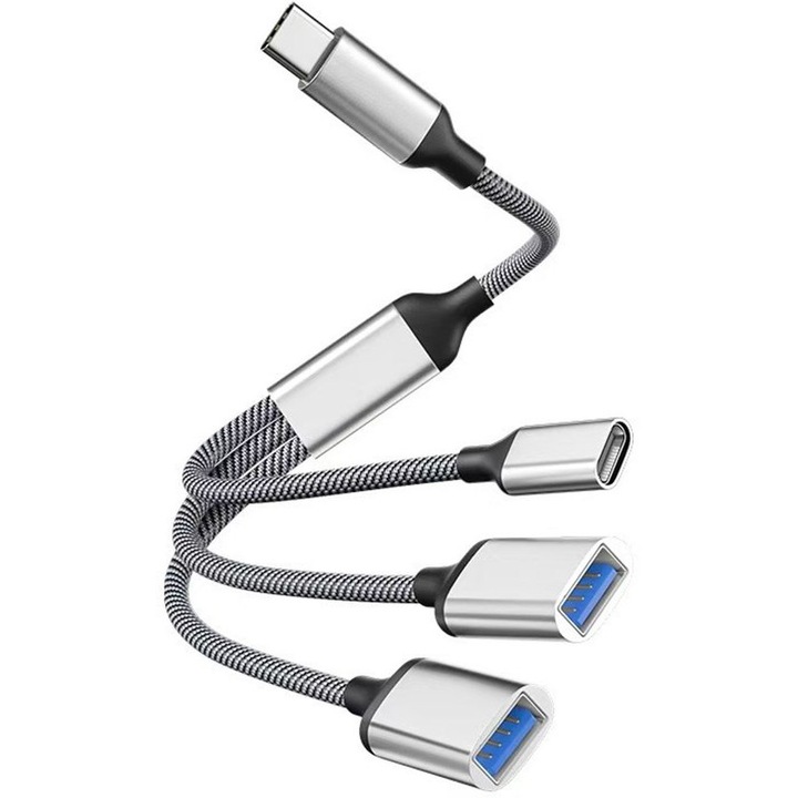 USB-C elosztó 3 az 1-ben, 60W, 2x USB-A, fekete