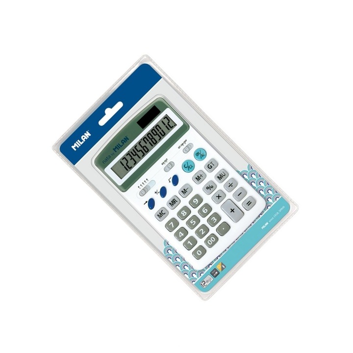 Calculator de birou cu afisaj 12 digits, alb, din plastic rezistent, cu alimentare duala baterie si solara, functii memorie si corectie, pentru calcule rapide si precise zilnice MILAN sku11