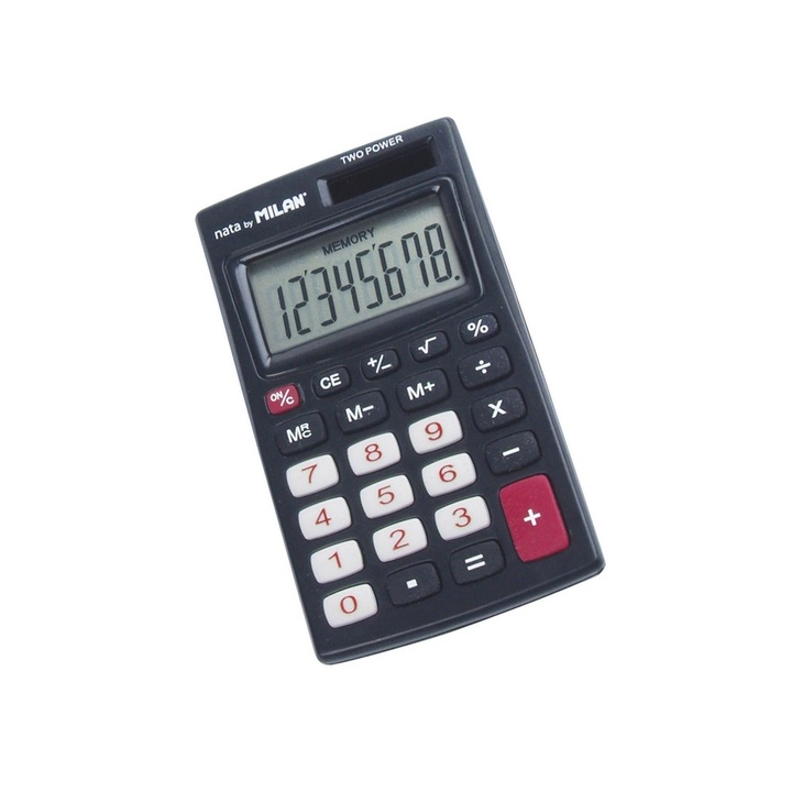 Calculator de birou compact, cu 8 digiti, negru, cu alimentare duala baterie si solara, taste cauciucate, ideal pentru birou si scoala. MILAN sku11
