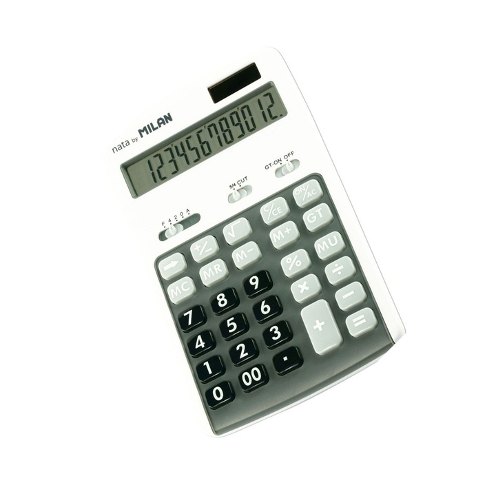 Calculator de birou, afisaj 12 digits, alimentare duala baterie-solara, carcasa plastic rezistent, Gri, 17x10.5x2 cm, pentru calcule financiare. MILAN sku11