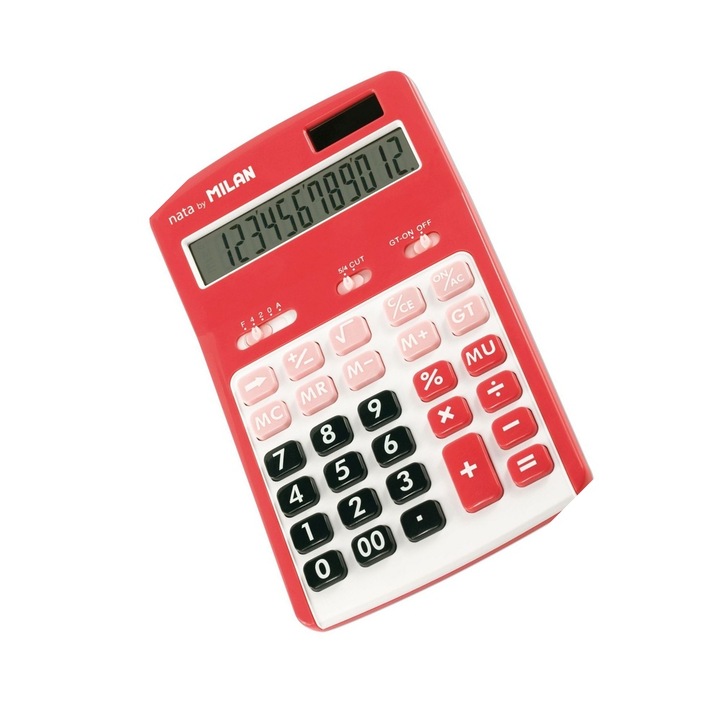 Calculator de birou cu afisaj 12 digits, Rosu, din Plastic, cu alimentare duala solara si baterie, functii memorie si oprire automata, ideal pentru calcule zilnice precise MILAN sku11