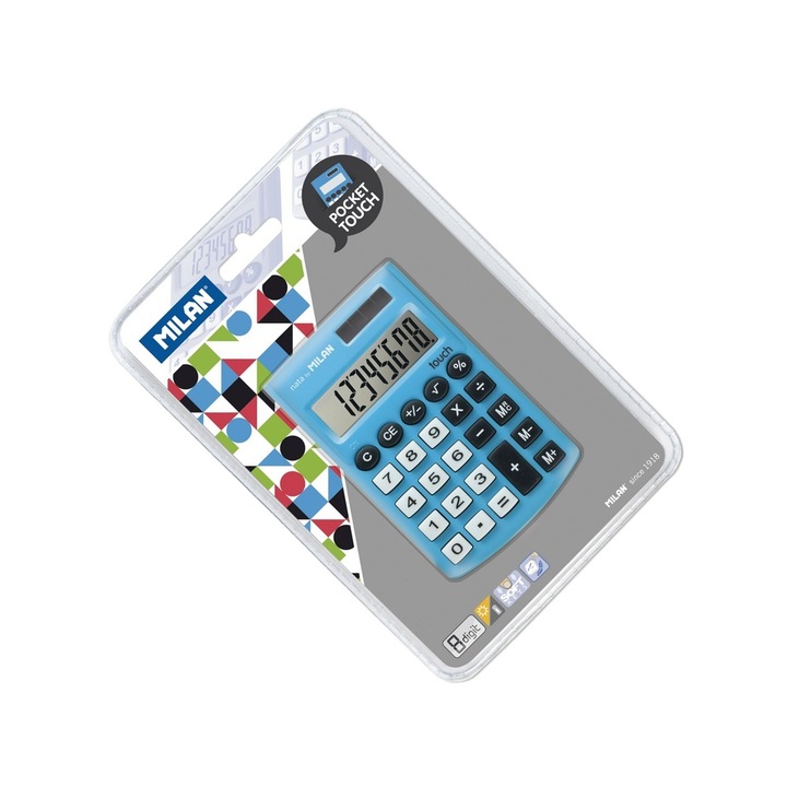 Calculator de birou compact, 8 digiti, alimentare duala, albastru, corp din plastic cauciucat, ideal pentru calcule rapide la birou, scoala sau acasa, usor de transportat. MILAN sku11