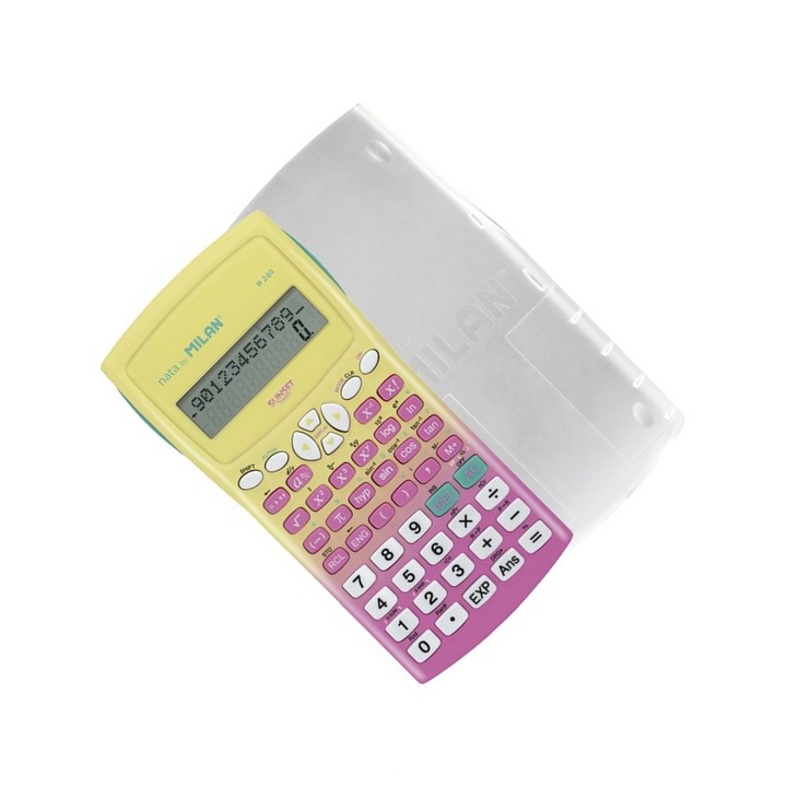 Calculator stiintific Sunset cu 10 + 2 digiti, 240 de functii, afisaj pe 2 randuri, carcasa de protectie, galben, pentru calcule complexe MILAN sku11