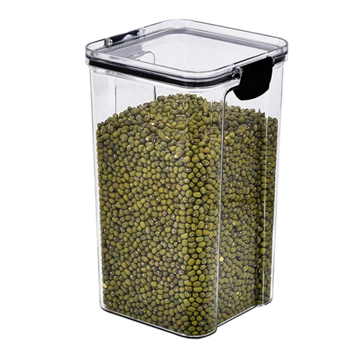 Légmentesen záródó tárolódoboz, 1300ml űrtartalom, fekete, átlátszó, 13x13x20cm