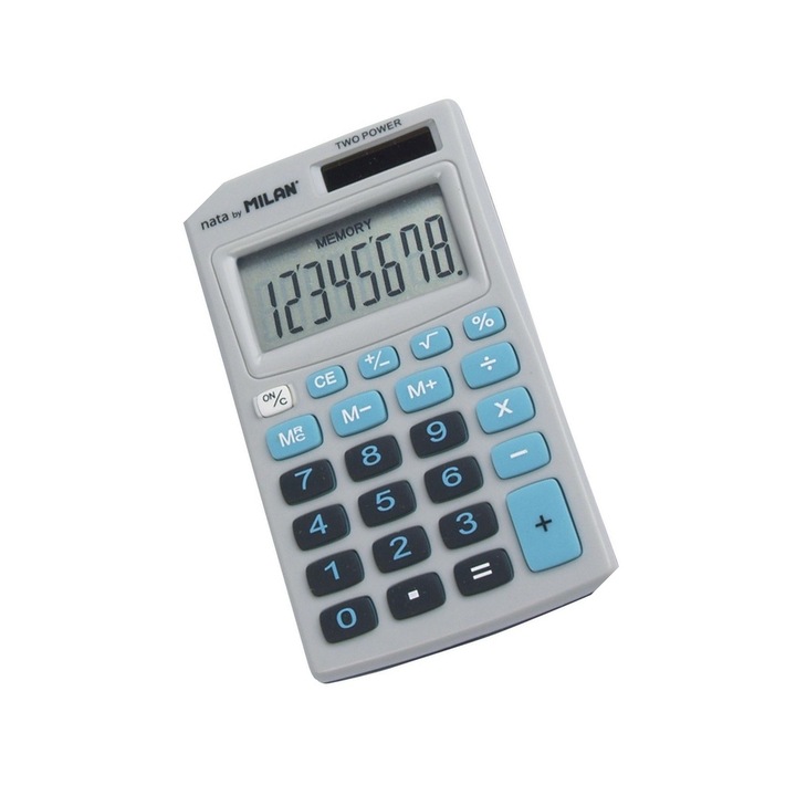 Calculator de birou cu 8 digiti, compact, cu alimentare duala si taste cauciucate, ideal pentru calcule rapide si eficiente acasa, la scoala sau birou, Gri/Albastru MILAN sku11