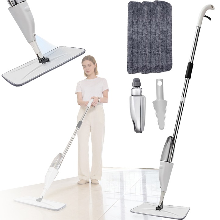 Mop cu pulverizator, Bedee, Include 3 lavete cu mop + rezervor de apa de 350 ml + perie, microfibra reutilizabila, Cap de curatare la 360 de grade, curata eficient diverse tipuri de podele, inclusiv lemn de esenta tare, laminat, vinil, ceramica