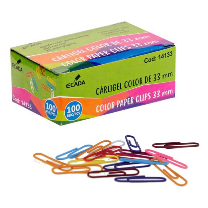 Agrafe hartie colorate 33 mm din metal rezistent cu varf rotunjit, ideale pentru organizarea si sortarea documentelor la birou, scoala sau acasa. ECADA sku28
