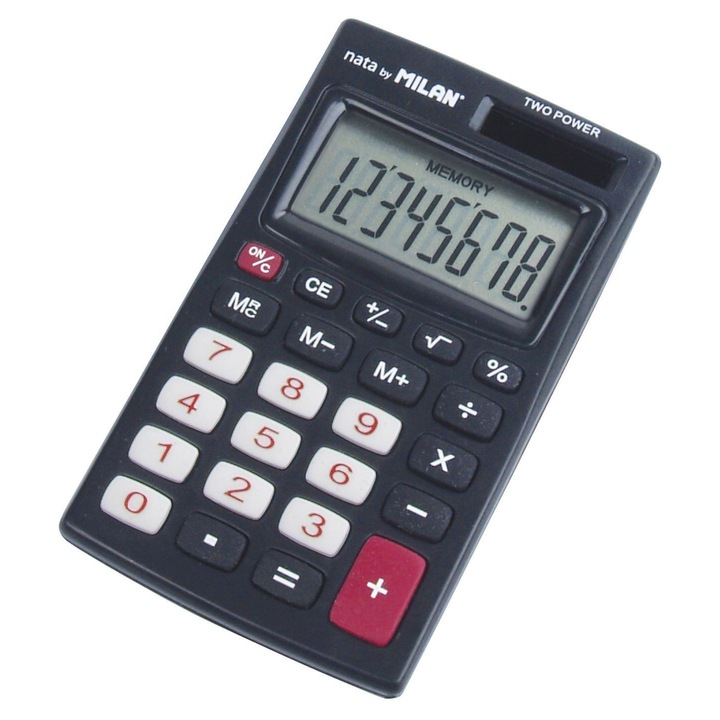 Calculator de birou compact, cu 8 digiti, negru, cu alimentare duala baterie si solara, taste cauciucate, ideal pentru birou si scoala. MILAN sku28
