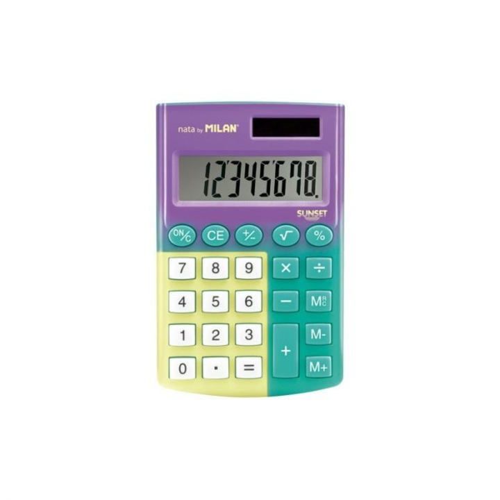 Calculator de buzunar Sunset cu 8 digiti si 24 taste, alimentare solara si baterie, ecran imbunatatit, ideal pentru birou, scoala si acasa, Verde, Galben, Mov MILAN sku28